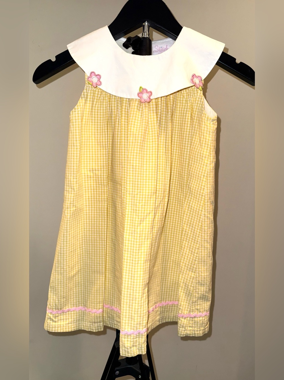Stitchy Fish Flower Fields Applique Dress in yellow gingham, size 5